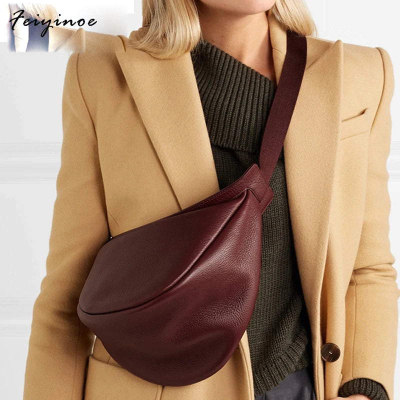 Half Moon PU Leather Chest Bag for Women Wine Red Soft