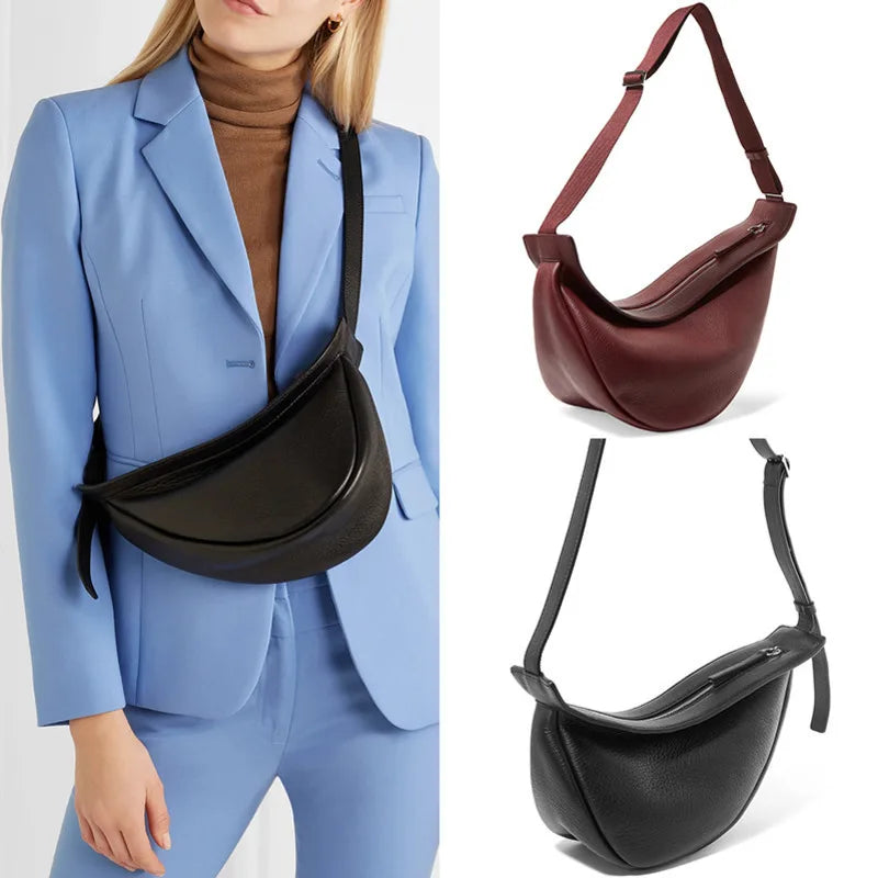 Half Moon PU Leather Chest Bag for Women Wine Red Soft