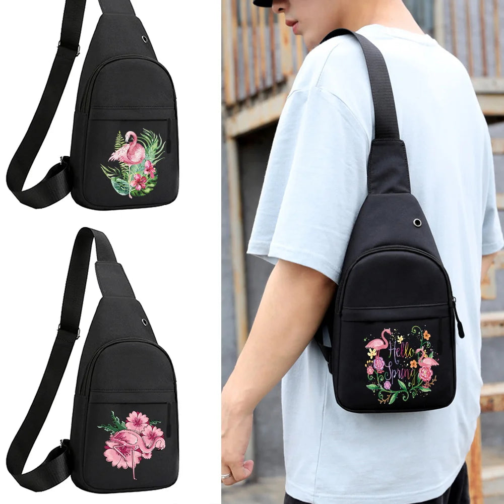 Flamingo Print Canvas Chest Bag Waist Bag Women Men Outdoors Travel Purse