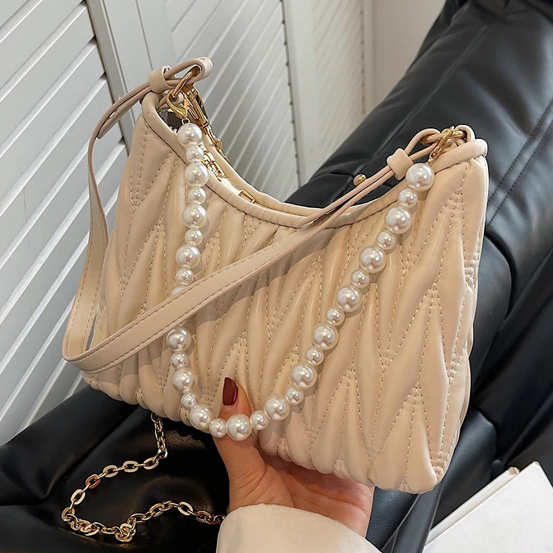 PU Leather Shoulder Bag For Women Pearls Chains Messenger Bags