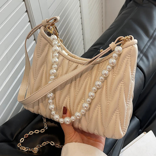 PU Leather Shoulder Bag For Women Pearls Chains Messenger Bags