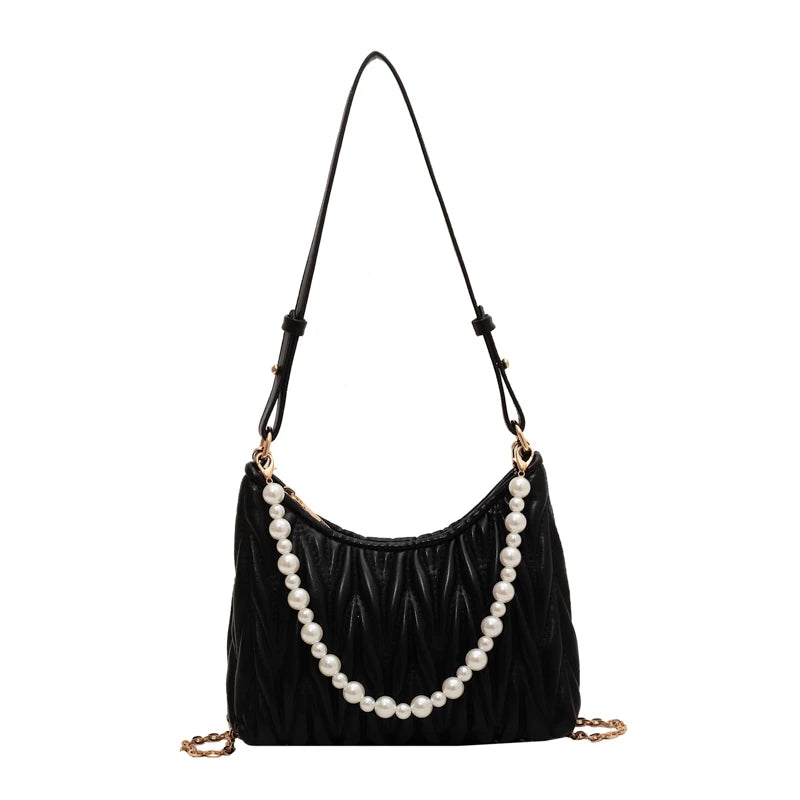 PU Leather Shoulder Bag For Women Pearls Chains Messenger Bags