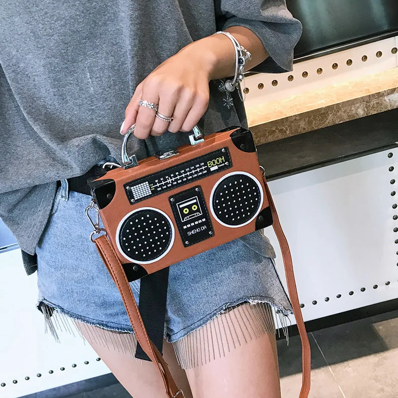Radio-Shaped Small Square Bag Hard Shell Metal Handbag Girl Shopping Travel