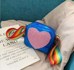 Girls Rainbow Messenger Bag with Sparkling Sequins and Love Print