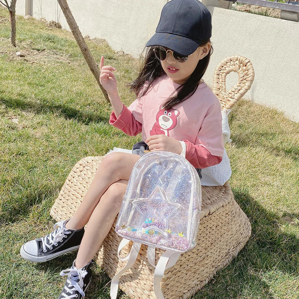 Kids Glitter Stars Backpack PVC Shoulder School Bags Boys Girls Travel