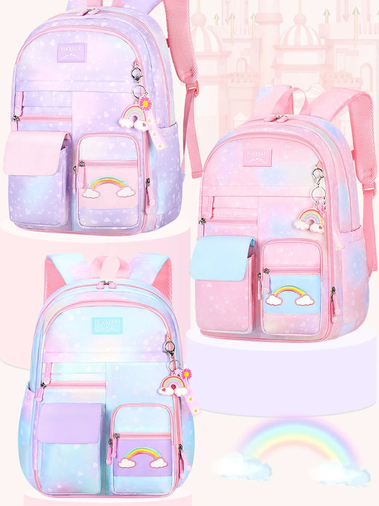 Girls Primary School Backpack Anti-Theft Gradient Rainbow Series Schoolbags