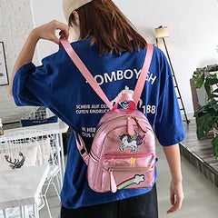 Girls Backpack PU Laser Sequin School Book Bag Unicorn Holographic Knapsack