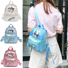 Girls Backpack PU Laser Sequin School Book Bag Unicorn Holographic Knapsack