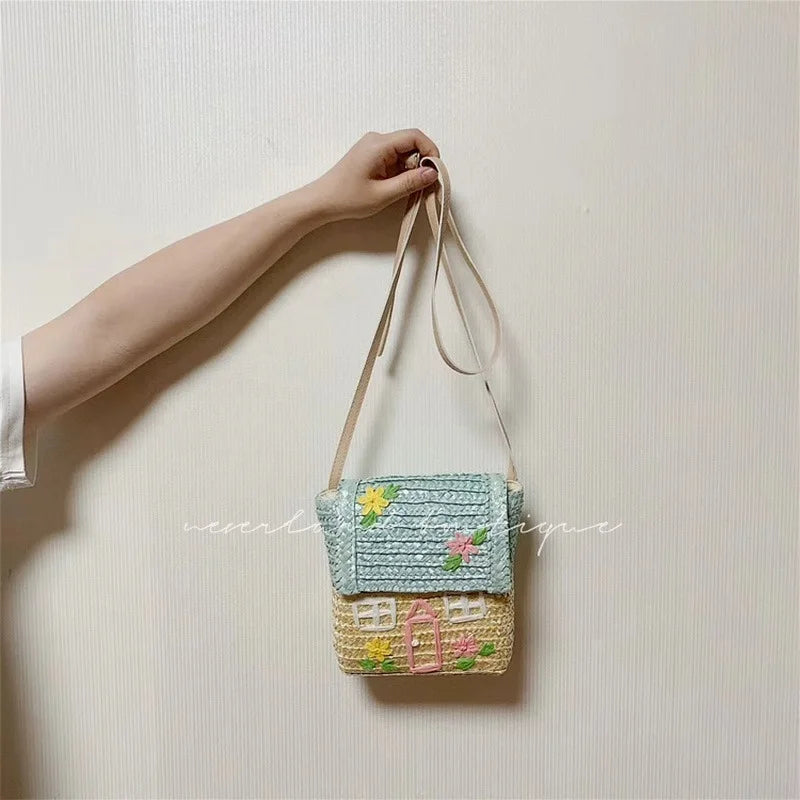 Straw Woven Bag Small House Rattan Shoulder Bag for Kids