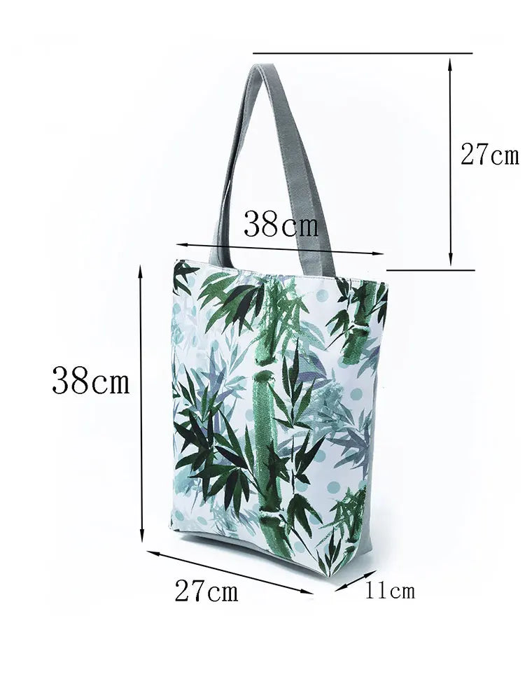 Chinese Bamboo Print Shoulder Bag Women Large Eco Reusable Shopping