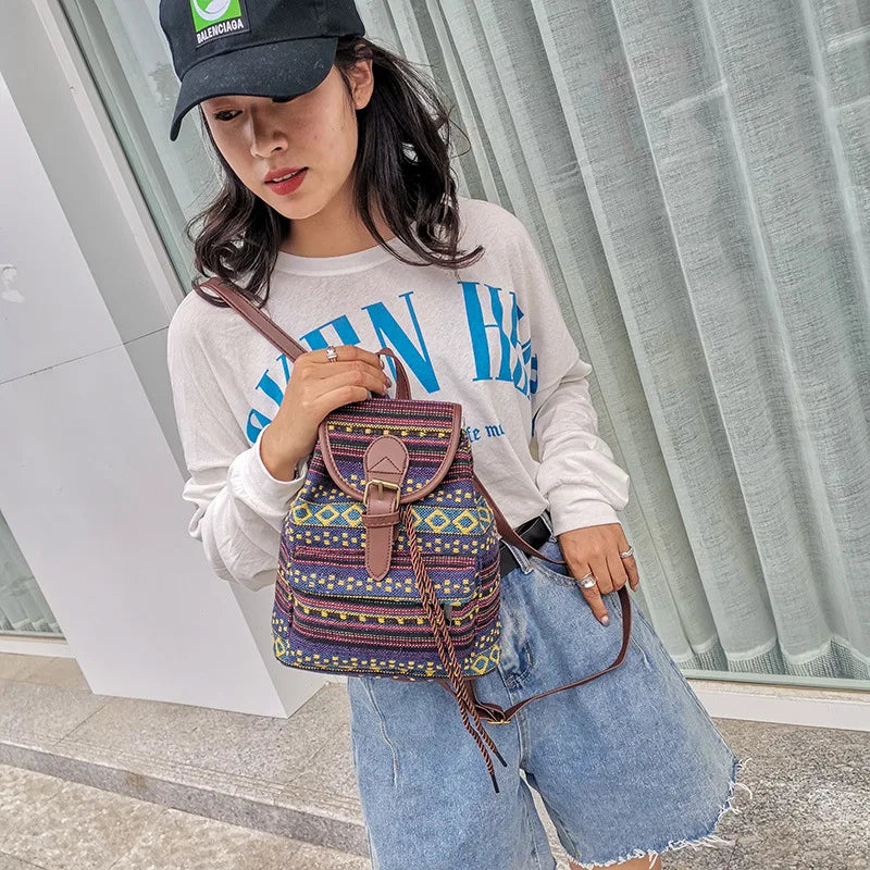 Chinese Classic Vintage Print Canvas Backpack for Women Girls School Travel