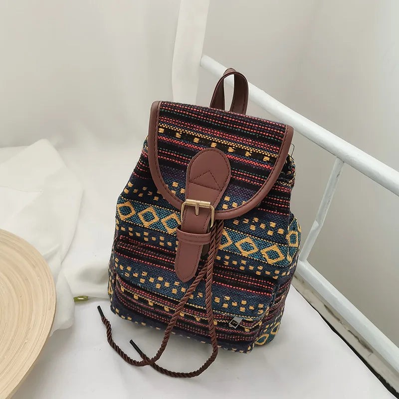 Chinese Classic Vintage Print Canvas Backpack for Women Girls School Travel