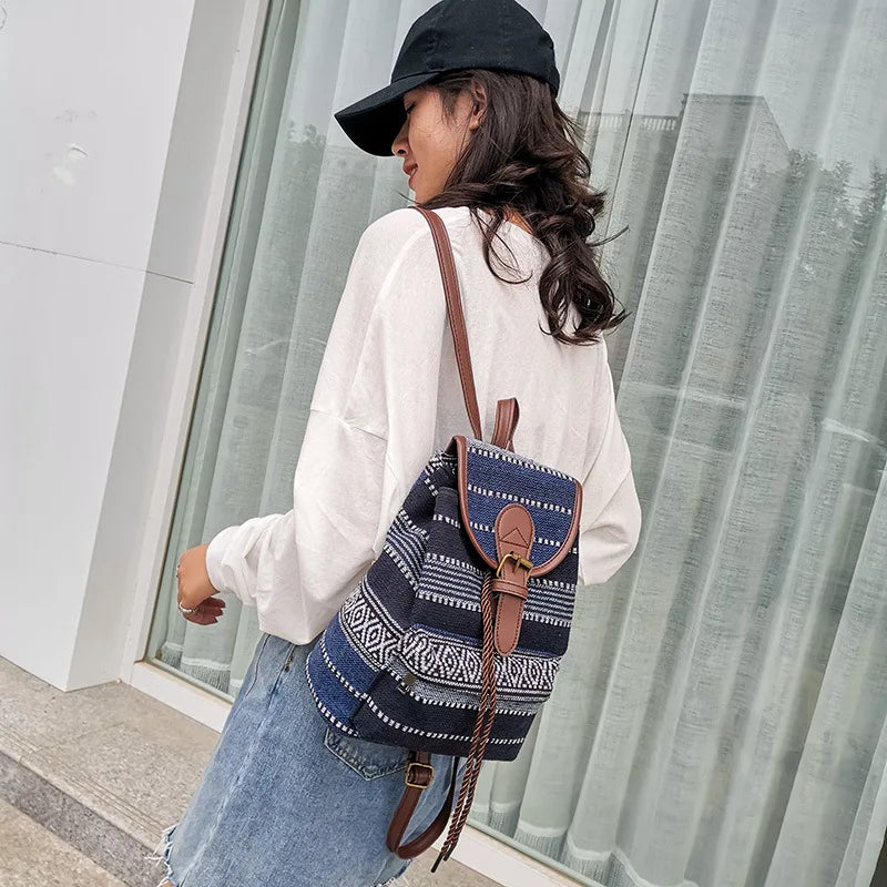 Chinese Classic Vintage Print Canvas Backpack for Women Girls School Travel