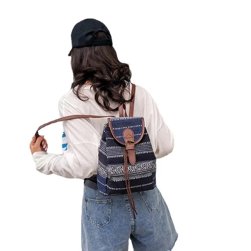 Chinese Classic Vintage Print Canvas Backpack for Women Girls School Travel
