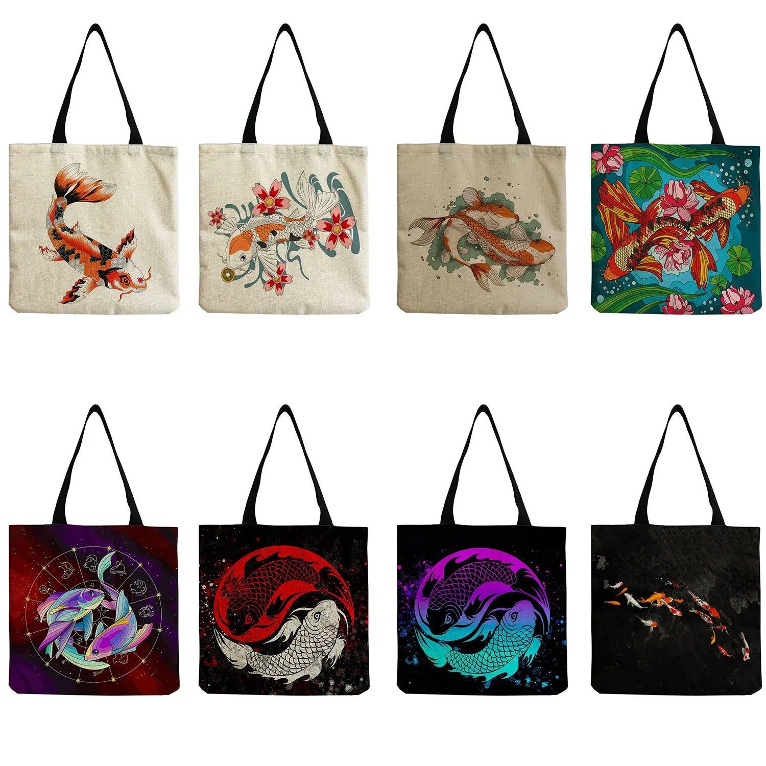 Chinese Fish Print Women's Shoulder Bag High Capacity Eco Reusable Tote Bag