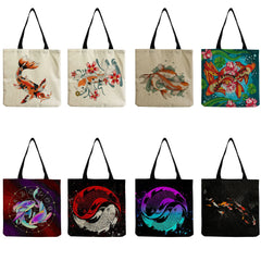 Chinese Fish Print Women's Shoulder Bag High Capacity Eco Reusable Tote Bag