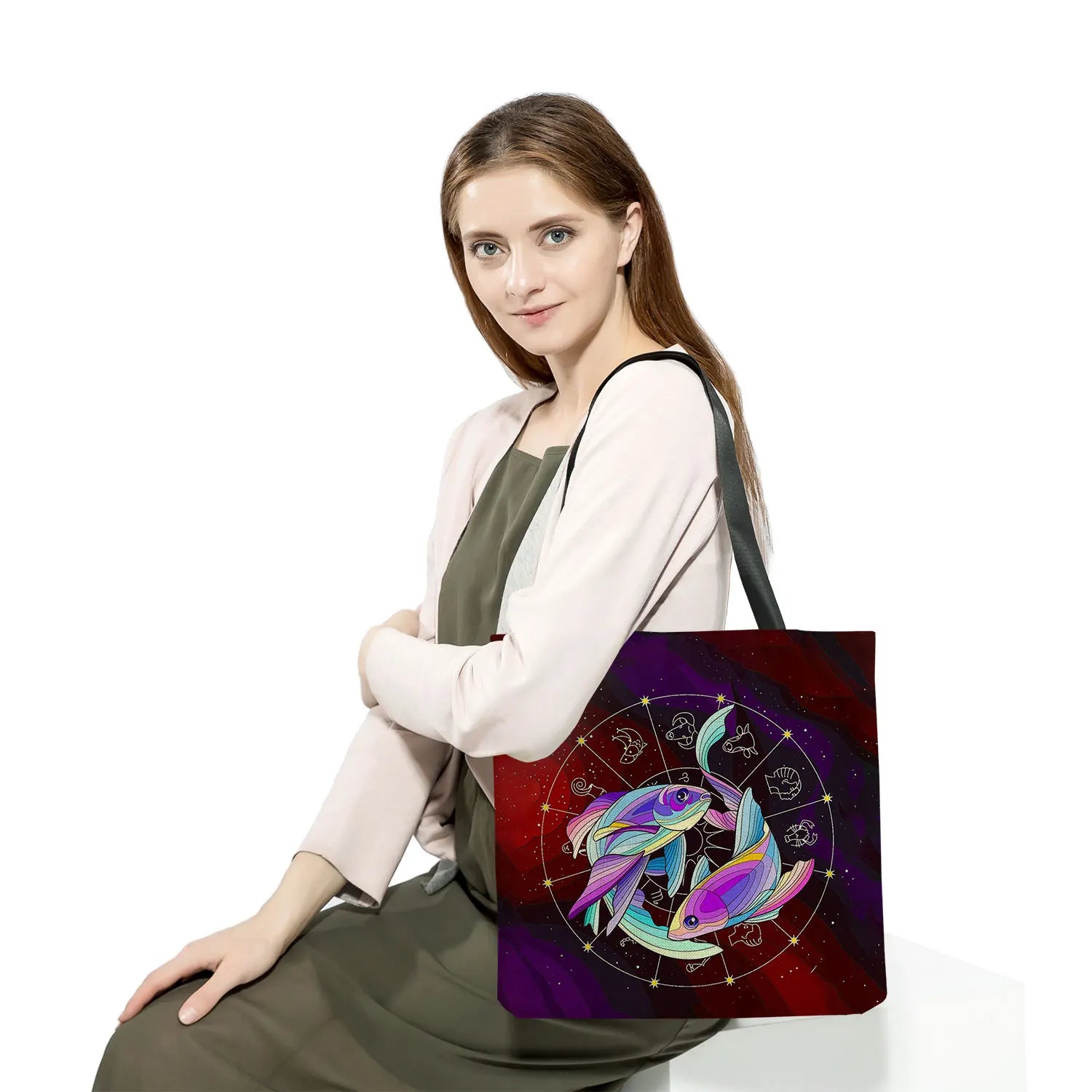 Chinese Fish Print Women's Shoulder Bag High Capacity Eco Reusable Tote Bag