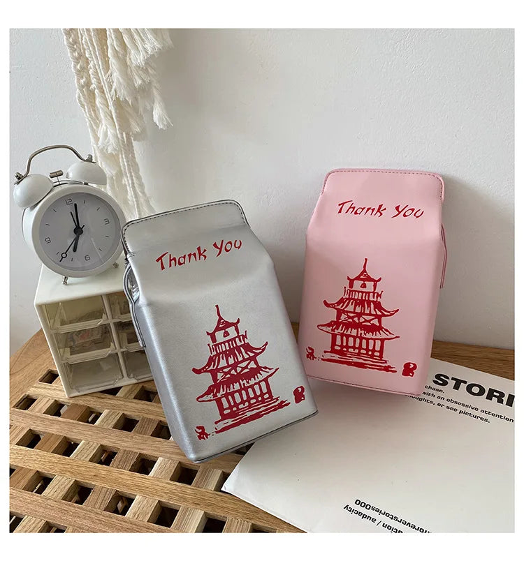 Chinese Takeout Box Purse Shoulder Bag Milk Carton Clutch Handbag for Women