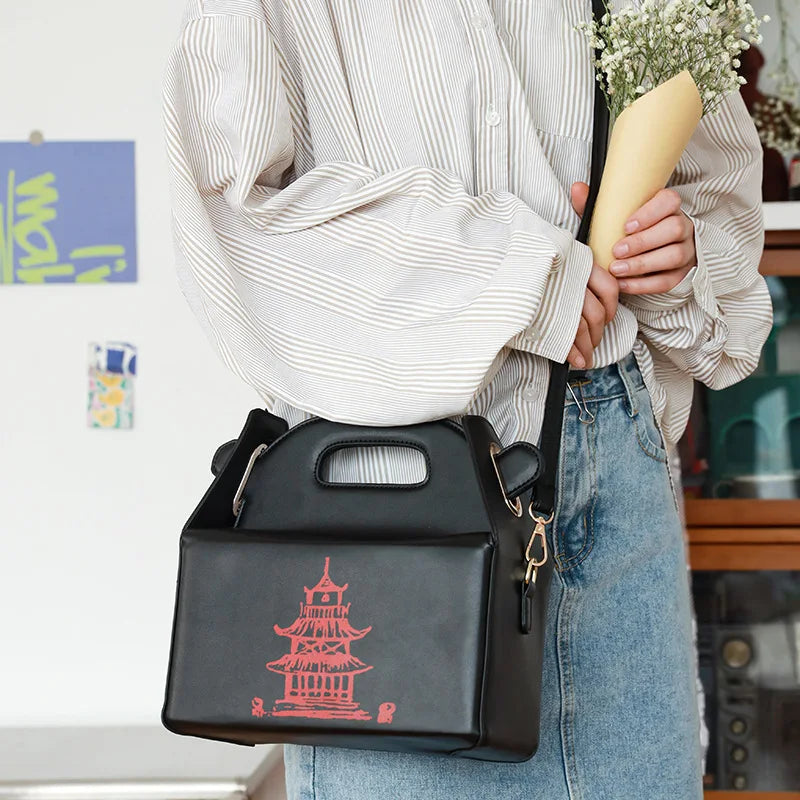 Chinese Takeout Box Tower Print Handbag Novelty Girl Shoulder Bag Totes Purse