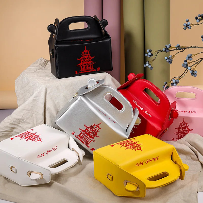 Chinese Takeout Box Tower Print Handbag Novelty Girl Shoulder Bag Totes Purse