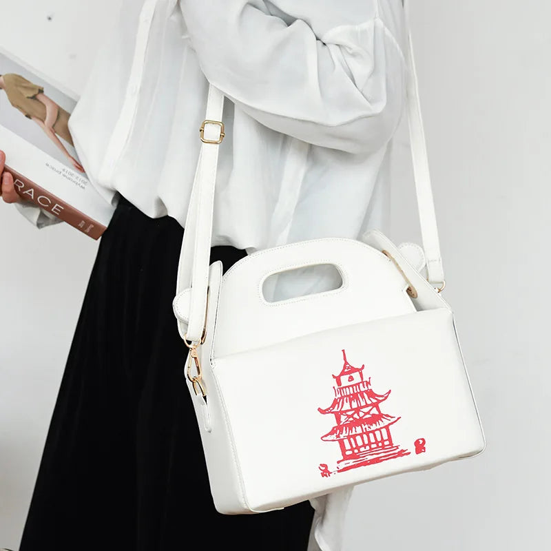Chinese Takeout Box Tower Print Handbag Novelty Girl Shoulder Bag Totes Purse