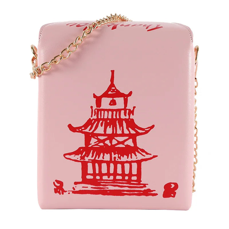 Chinese Traditional Tower Printed Shoulder HandBag Chain Bag Travel PU Square