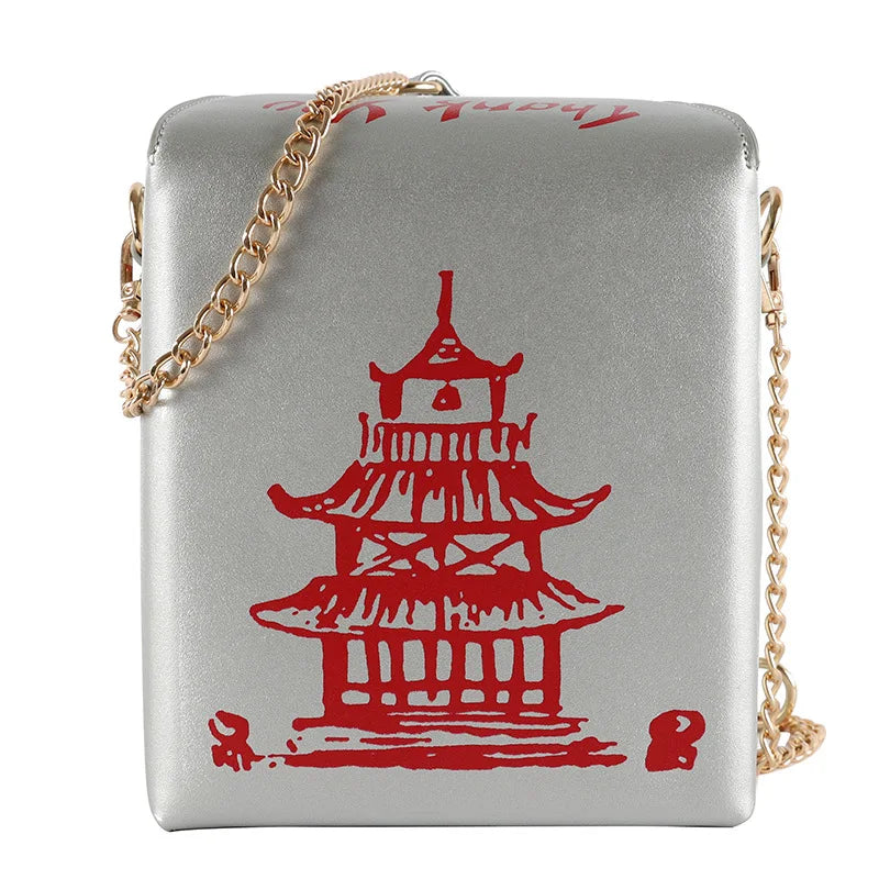 Chinese Traditional Tower Printed Shoulder HandBag Chain Bag Travel PU Square