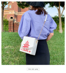 Chinese Traditional Tower Printed Shoulder HandBag Chain Bag Travel PU Square