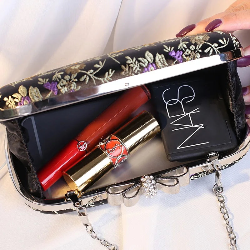 Chinese Vintage Embroidery Flower Satin Evening Bag for Women