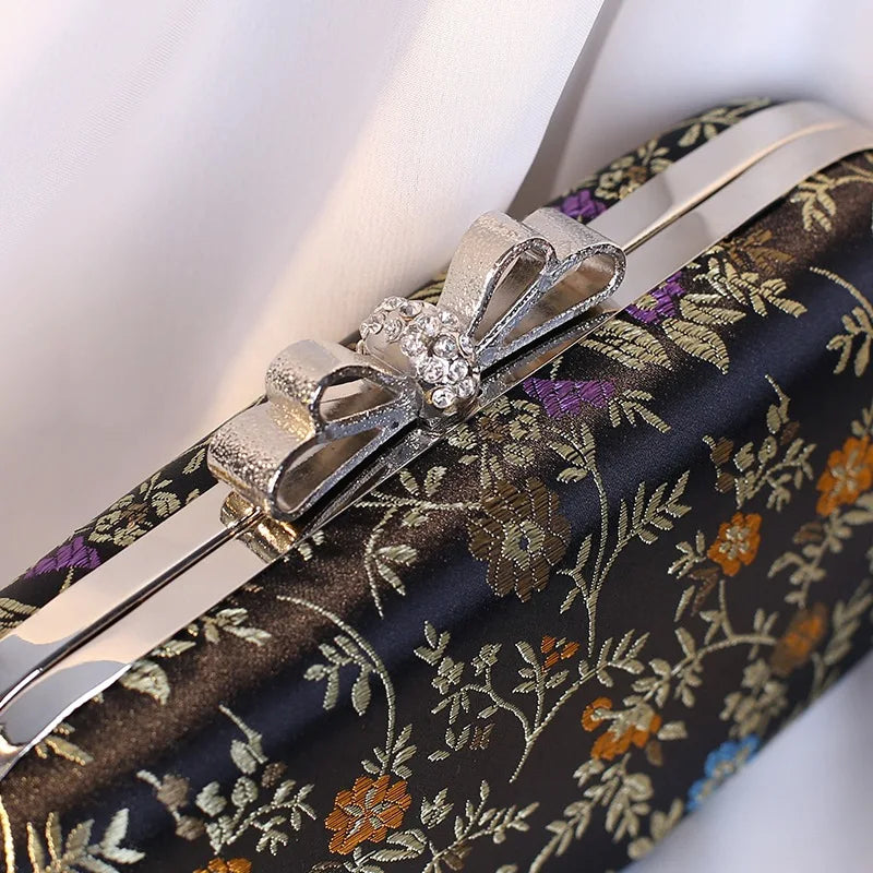 Chinese Vintage Embroidery Flower Satin Evening Bag for Women