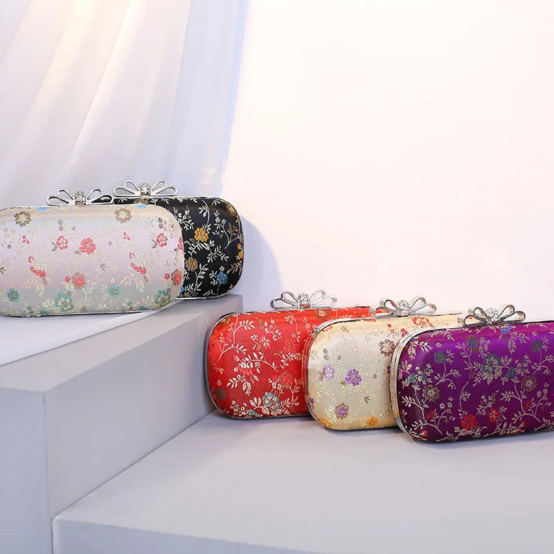 Chinese Vintage Embroidery Flower Satin Evening Bag for Women