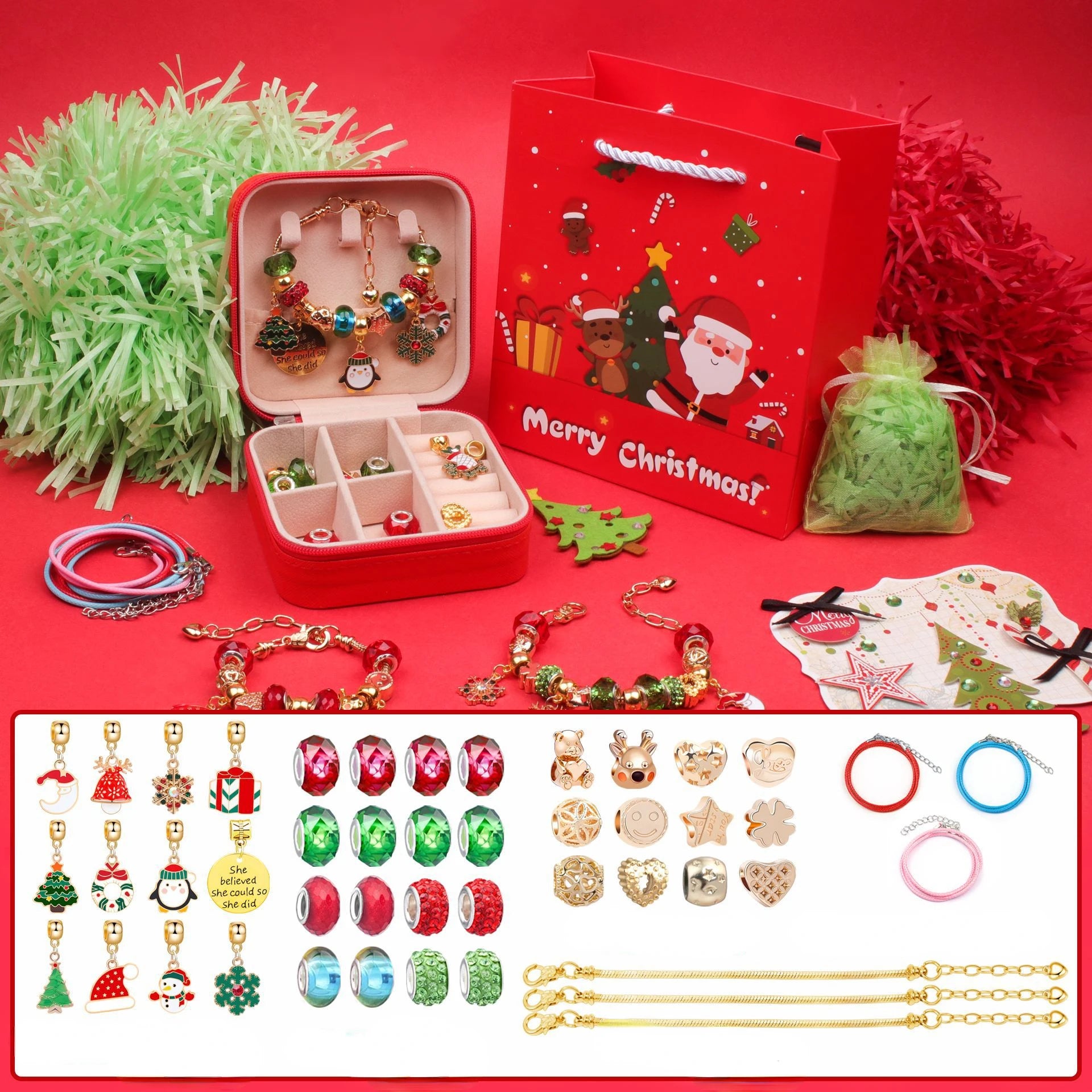 Kids Christmas Bracelet Kit - DIY Jewelry Making Set with Charms & Beads