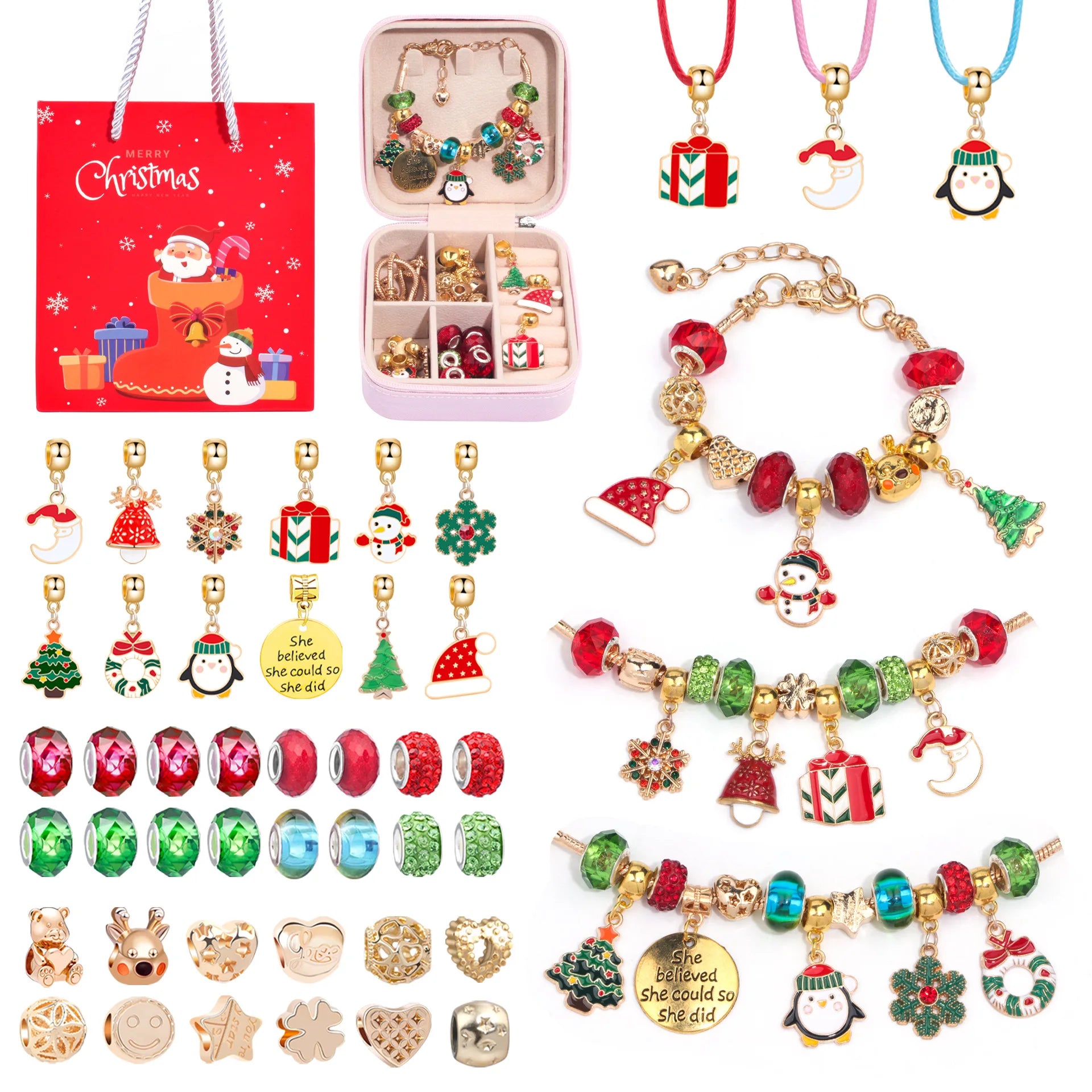Kids Christmas Bracelet Kit - DIY Jewelry Making Set with Charms & Beads