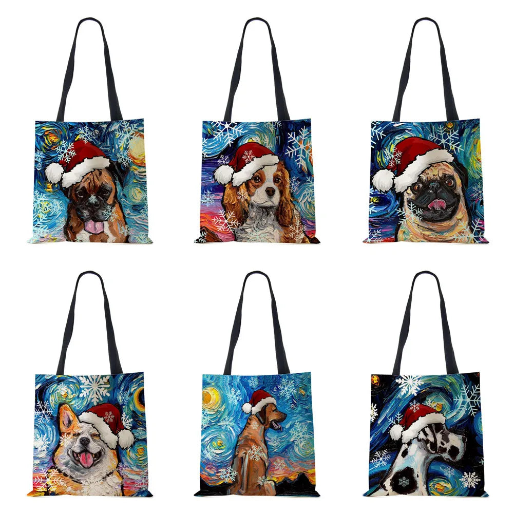 Christmas Dog Canvas Shopper Tote Bag Harajuku Women Reusable Shoulder Bag