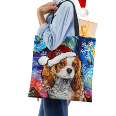 Christmas Dog Canvas Shopper Tote Bag Harajuku Women Reusable Shoulder Bag