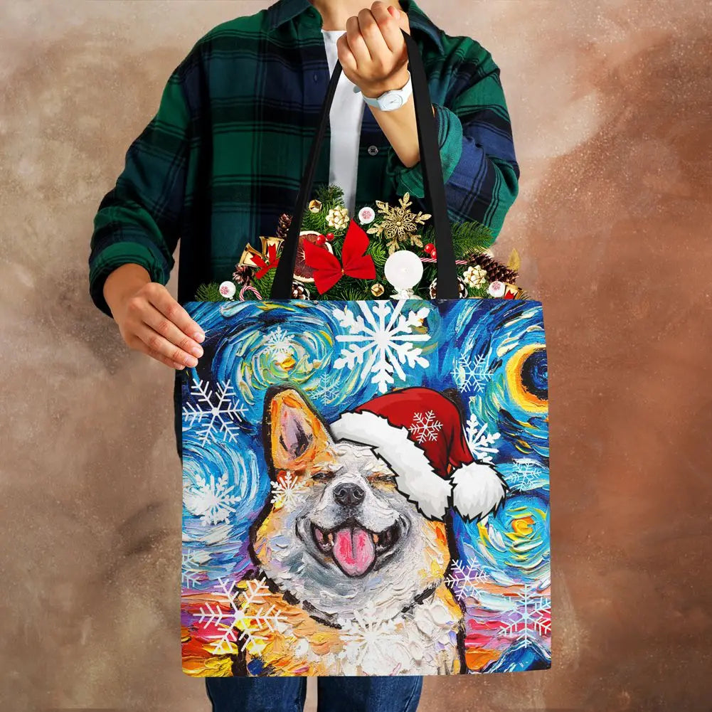 Christmas Dog Canvas Shopper Tote Bag Harajuku Women Reusable Shoulder Bag