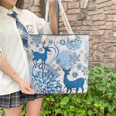 Christmas Elk Women Canvas Shoulder Bag Paint Casual Shopper Reusable Handbag