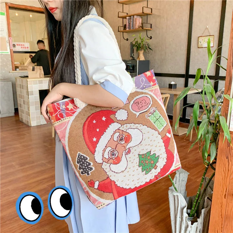 Christmas Elk Women Canvas Shoulder Bag Paint Casual Shopper Reusable Handbag