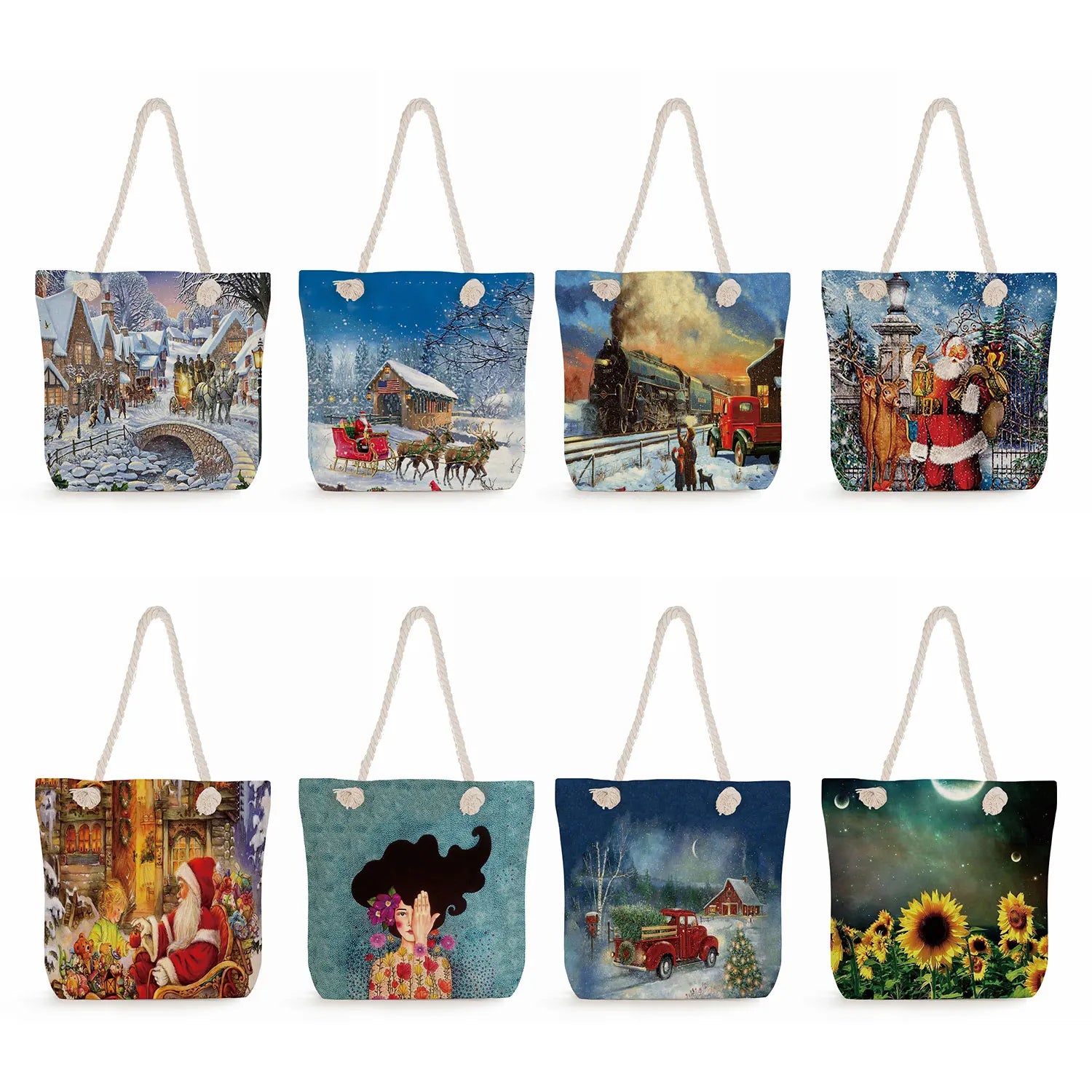 Santa Claus Printed Handbags - Thick Rope Shoulder Bag Tote Bags