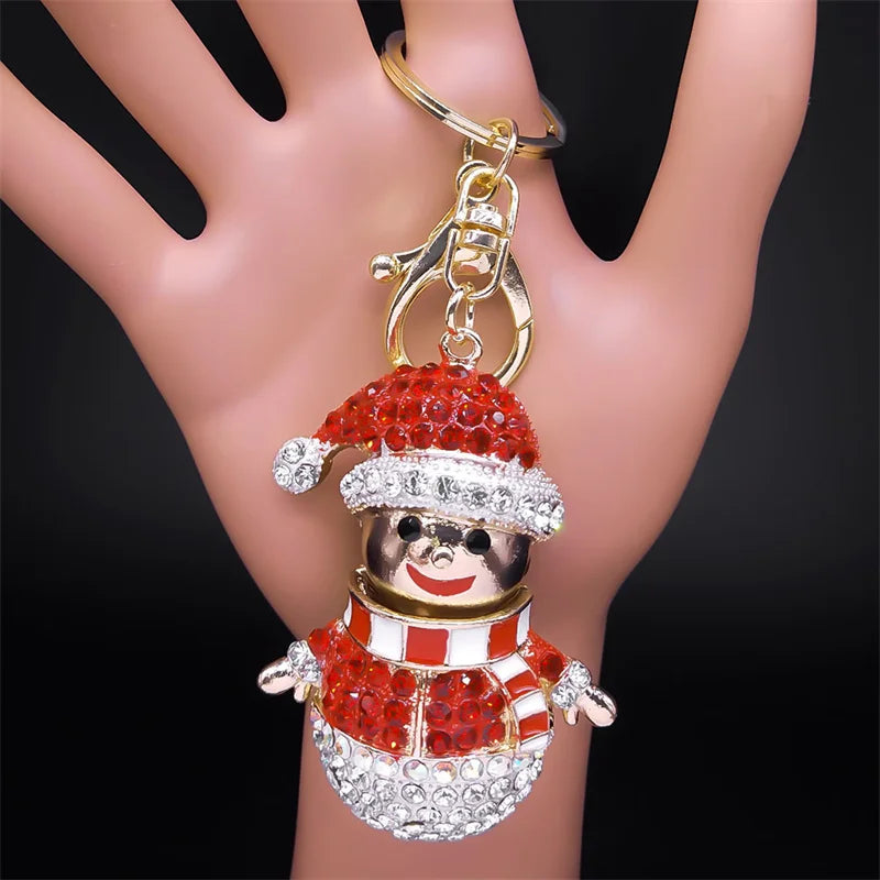 Christmas Snowman Key Ring Rhinestone Metal Cartoon Bag Charm Keychain