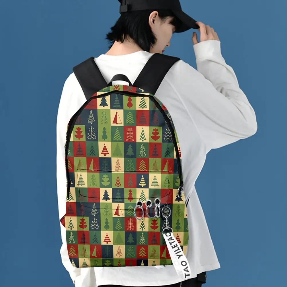 Christmas Students Backpack Cartoon Xmas Element Print Large Capacity School Bag