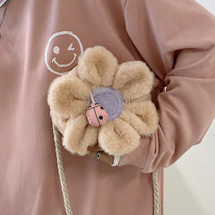 Circular Flower Small Girls Messenger Bag Plush Handbag Winter Women Crossbody B