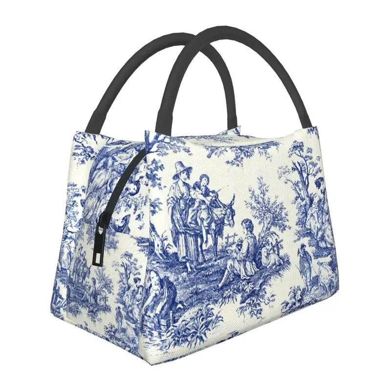 French Navy Toile De Jouy Insulated Lunch Bag for Women