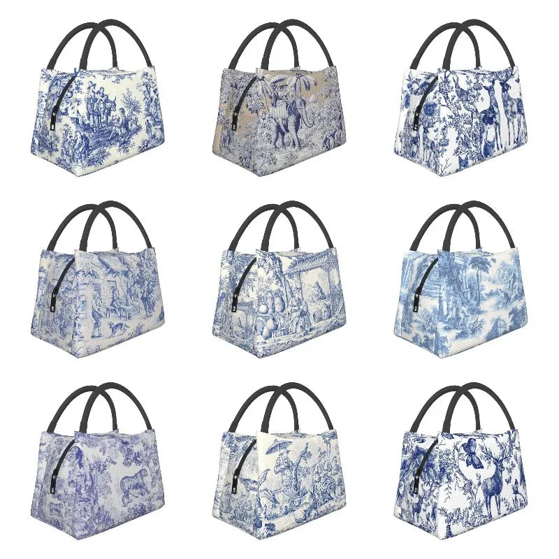 French Navy Toile De Jouy Insulated Lunch Bag for Women