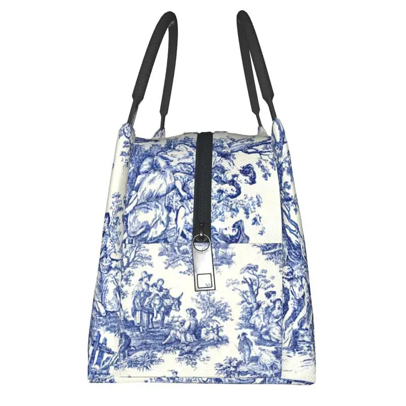 French Navy Toile De Jouy Insulated Lunch Bag for Women
