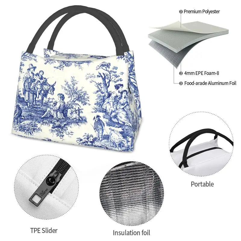 French Navy Toile De Jouy Insulated Lunch Bag for Women