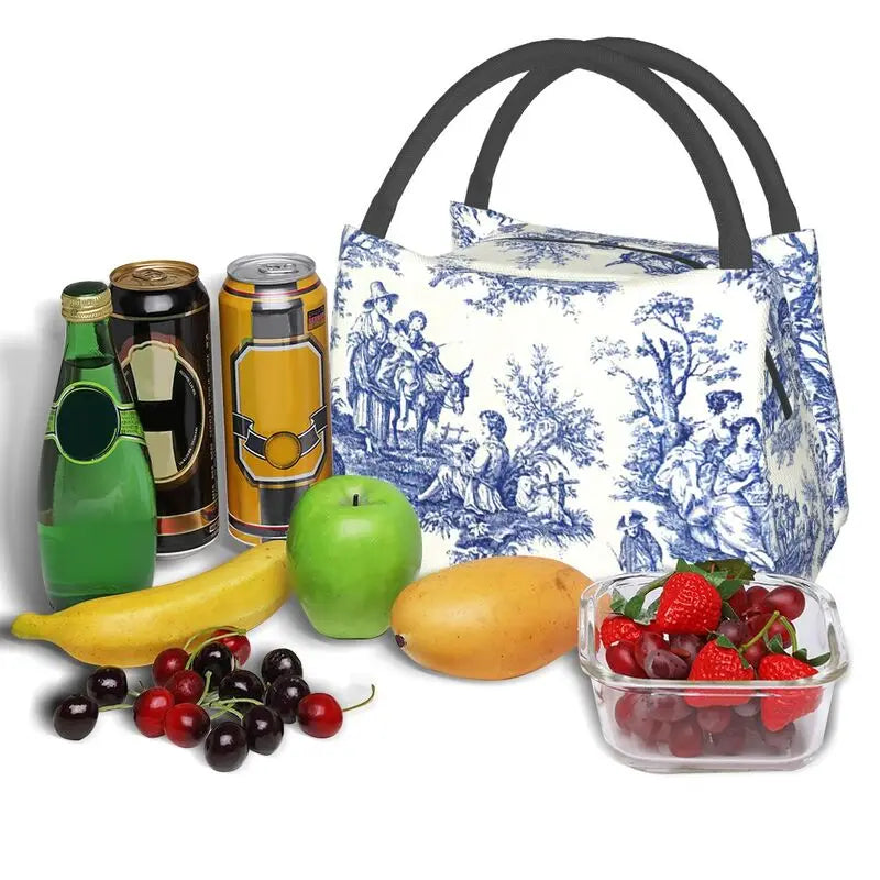 French Navy Toile De Jouy Insulated Lunch Bag for Women