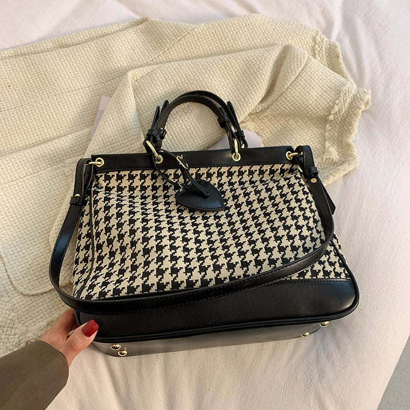 Houndstooth Wool Shoulder Bags Leopard Tote