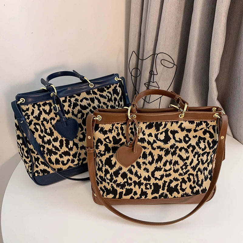 Houndstooth Wool Shoulder Bags Leopard Tote
