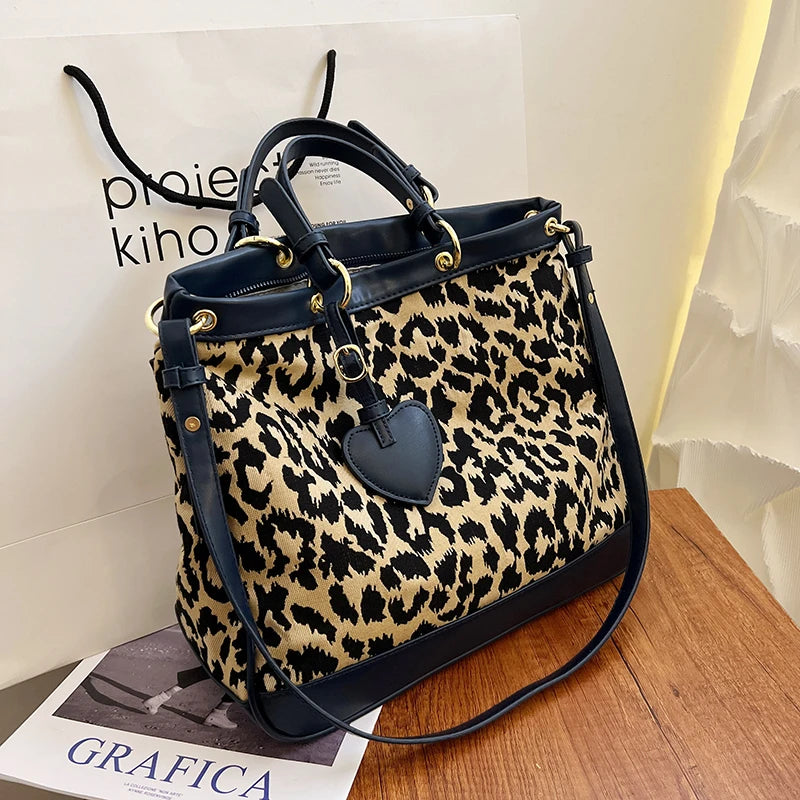 Houndstooth Wool Shoulder Bags Leopard Tote
